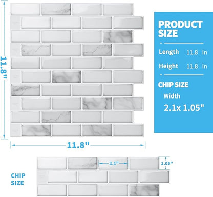 Art3d 10-Sheet Peel and Stick Backsplash Tile in White Marble, Self-Adhesive Wall Tiles Stick on Kitchen Laundry Room RV Renter - 12 x 12 Inch