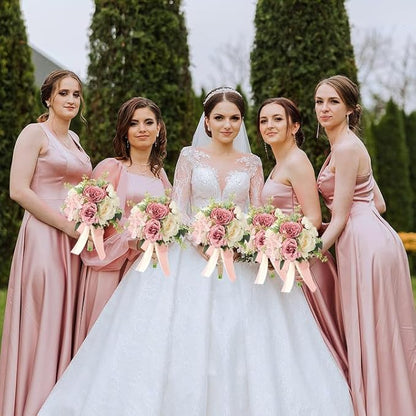 Set of 4 Bridesmaid Bouquets for Wedding, 9 Inch Boho Bridesmaid Flowers for Ceremony Anniversary Centerpieces Decorations, Artificial Rose Bouquets - Pink & White