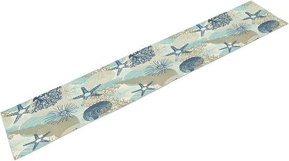 Nautical Coastal Table Runner，Ocean Themed Starfish Coral Conch Beach Kitchen Dinning Table Decoration for Indoor Outdoor Home Party Decor 13x36 Inch
