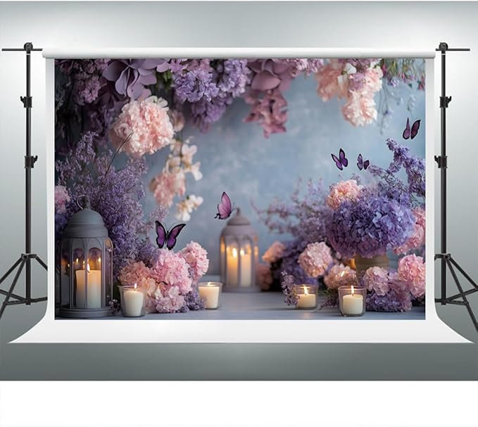 YongFoto Elegant Flower Wall Backdrop 7x5ft Floral Butterfly Candle Photography Background Baby Bridal Shower Wedding Girl Birthday Party Banner Room Decor Portrait Photoshoot Wallpaper Photo Booth