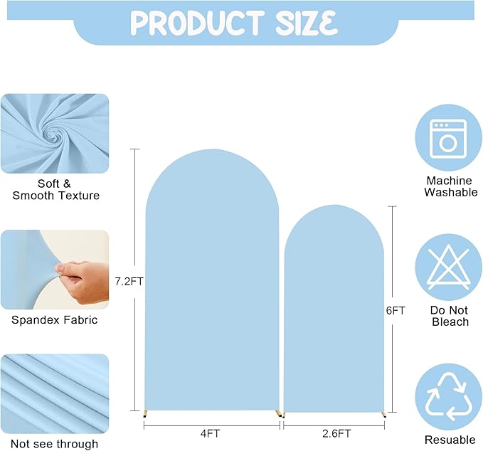 Baby Blue Arch Backdrop Covers - 7.2FT, 6FT Spandex Fitted Wedding Arch Stand Covers Round Top Chiara Stretchy Arch Backdrop Cover for Wedding Birthday Party Decoration