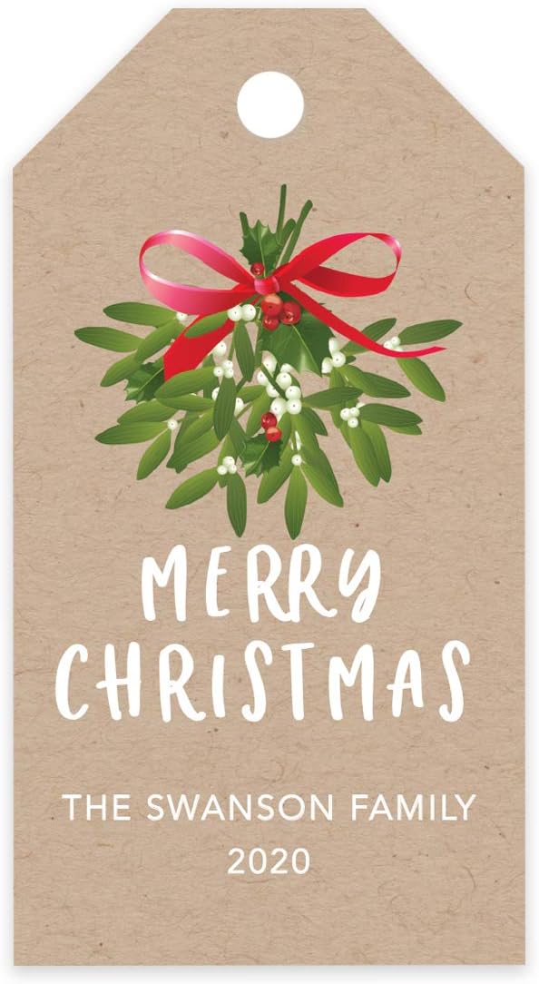 Andaz Press Personalized Christmas Holiday Season Classic Gift Tags, Merry Christmas Custom Family Name and Year, Kraft Brown with Mistletoe Design, for Holiday Events, Parties, and Favors, 60-Pack