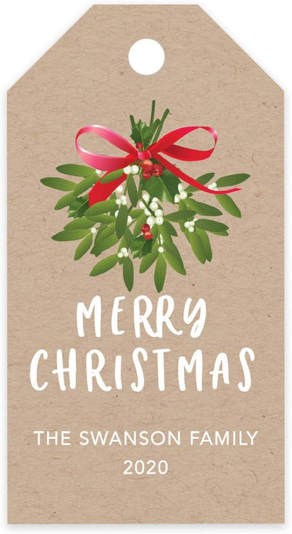 Andaz Press Personalized Christmas Holiday Season Classic Gift Tags, Merry Christmas Custom Family Name and Year, Kraft Brown with Mistletoe Design, for Holiday Events, Parties, and Favors, 60-Pack