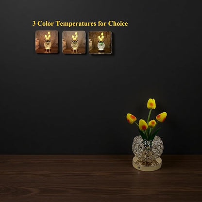 Cordless Tulip Flower Lamps, 3 Colors Touch Stepless Dimming Crystal Night Light, Rechargeable Artificial LED Flower with Vase Lamp Romantic Decor for Mothers Day,Xmas,Birthday (Pink)