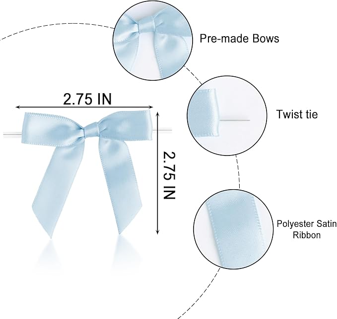 50 PCS Light Blue Twist Tie Bows 2.5" Satin Ribbon Bows Decor for Gift Wrapping Craft Treat Bags Cake Pop Basket, Wedding Baby Shower Birthday Party Favors