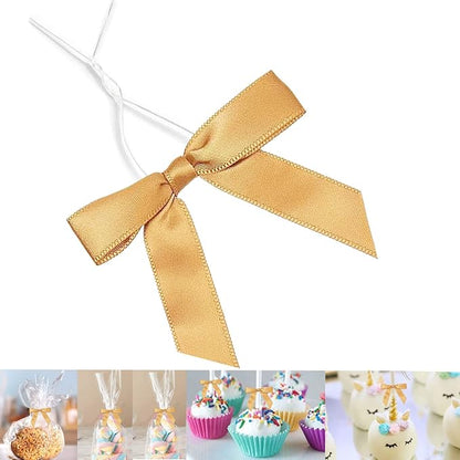 50 Pieces 3 inch Satin Ribbon Twist Tie Bows, Gold Pretied Bows with Twist Ties, Twist Bows Treats Bags, Bow Ties for Treats, Cake Pops, Baby Shower, Crafts, Gift Wrapping Favors, Cookies