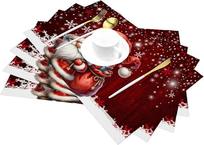 PVC Placemats Set of 1 Wipeable Table Mats Washable Heat Resistant Non Slip Vinyl Dining Table Mat for Kitchen Indoor Outdoor Patio Farmhouse Place Mats Red Santa Claus Gnome Decorative