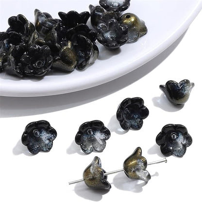 LadayPoa 100pcs Glass Bellflower Beads for Jewelry Making Trumpet Flower Beads Gradient Clear Cute Beads for Bracelets Making Aesthetic Bead Charms for DIY Necklace Decoration-Black Gold