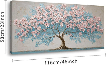 IDAFU Pink Tree of Life Canvas Wall Art Pink Flower Tree Wall Décor Abstract Pink Flowering Tree on Teal Blue Nature Landscape Painting Ready for Living Room, Bedroom, Office Home Décor 46L x 23W
