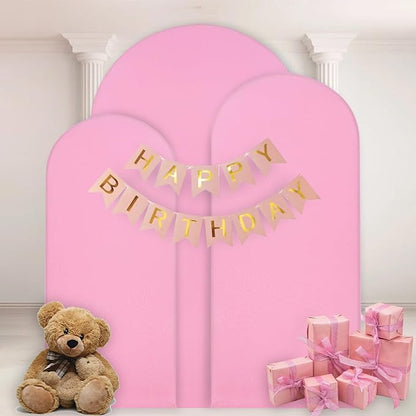 WEERRW Wedding Arch Cover Pink Spandex Fitted Set of 3 Balloon Arch Stand Covers Round Top Chiara Stretchy Backdrop for Birthday Party Baby Shower Banquet Decoration (6FT, 6.6FT, 7.2FT)