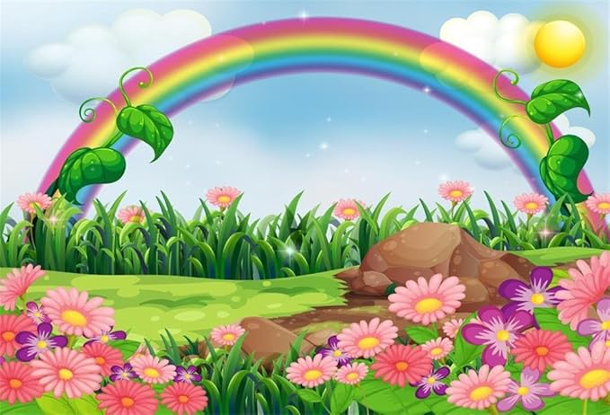 AOFOTO 7x5ft Cartoon Spring Flowers Rainbow Backdrop Meadow Sweet Floral Blossom Sky Sun Enchanting Garden Scenery Background for Kids Baby Shower Birthday Party Decor Wallpaper Photoshoot Props