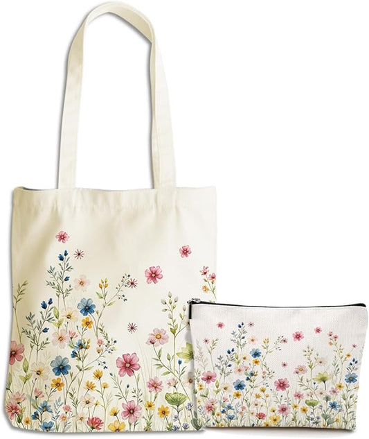 Flower Plant Lover Gifts for Women Canvas Tote Bag with Makeup Bag Cosmetic Bags Grocery Bags for Shopping Christmas