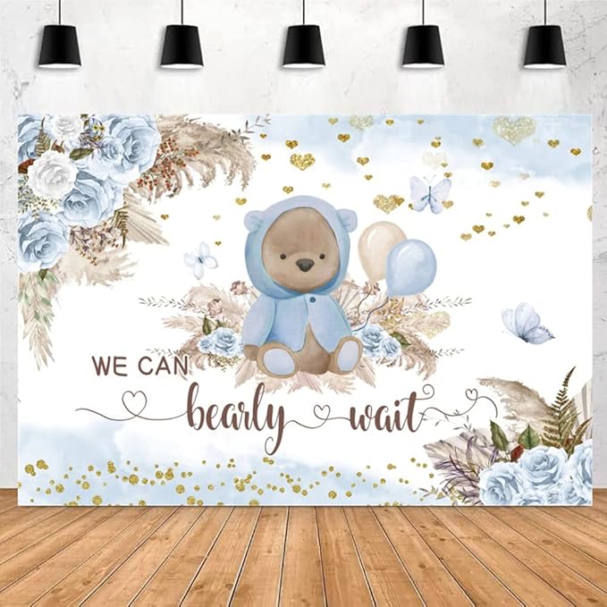 We Can Bearly Wait Backdrop Boho Baby Shower Party Backdrop 5x3ft Blue Floral Bohemian Pampas Grass Bear Photography Background Kids Baby Shower Newborn Baby Portrait Photo Backdrop