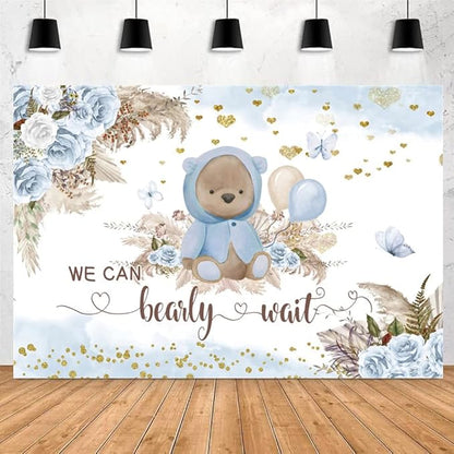 Boy We Can Bearly Wait Backdrop Boho Baby Shower Party Backdrop 8x6ft Blue Floral Boho Pampas Grass Bear Baby Shower Photography Background Birthday Party Background Cake Table Decor