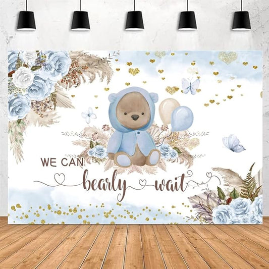Boy We Can Bearly Wait Backdrop Boho Baby Shower Party Backdrop 8x6ft Blue Floral Boho Pampas Grass Bear Baby Shower Photography Background Birthday Party Background Cake Table Decor
