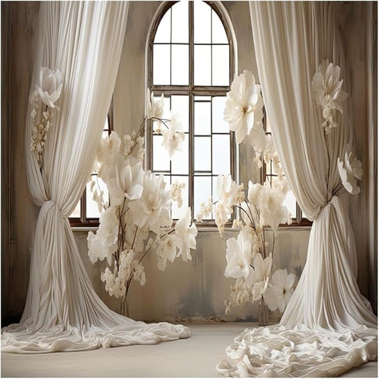 8x8ft Wedding Party Decorations Banner Backdrop Wedding Reception Photography Backdrop White Floral Flowers Curtains French Frame Photo Backgrounds Baby Shower Photo Shoot Portraits Props