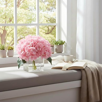 Silk Pink Hydrangea Artificial Flowers in Vase with Faux Water, Silk Flower Arrangements in Vase for Home Decor, Wedding Table (Pink)