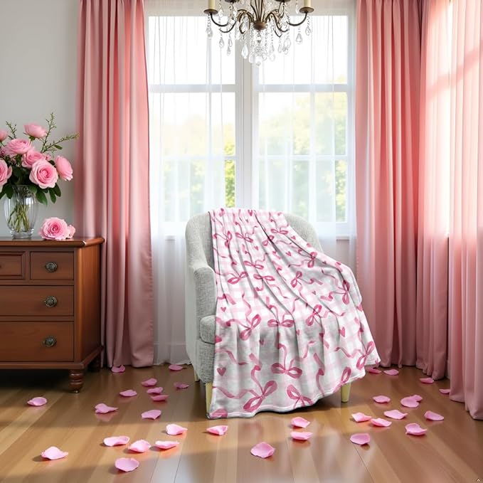 Jekeno Checkered Bow Throw Blanket Gifts for Women Girls Her, Bow Themed Birthday Party Decorations, Pink Soft Microfiber Blankets Bows Room Decor for Home Bed Couch