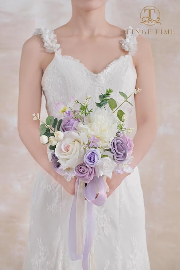 TINGE TIME Artificial Flowers White & Paisley Purple Flower Combo for DIY Wedding Bouquets Table Centerpieces Arrangements Party Baby Shower Home Decorations