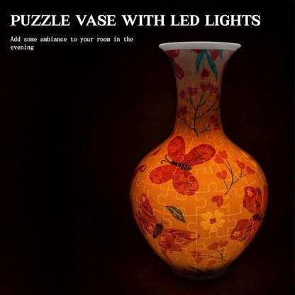 3D Puzzle Vase with LED Light, 164 Pieces Butterfly Floral Design – Durable Plastic 3D Jigsaw for Adults, Unique Gift & Decorative Light-Up Vase