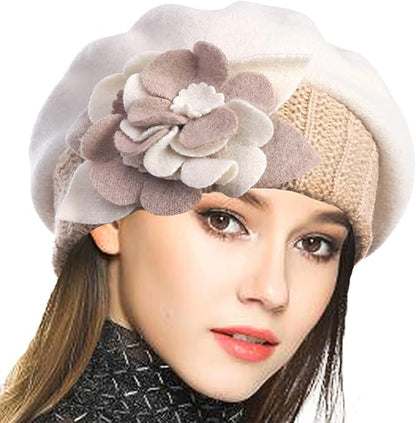 VECRY Lady French Beret 100% Wool Beret Floral Dress Beanie Winter Hat
