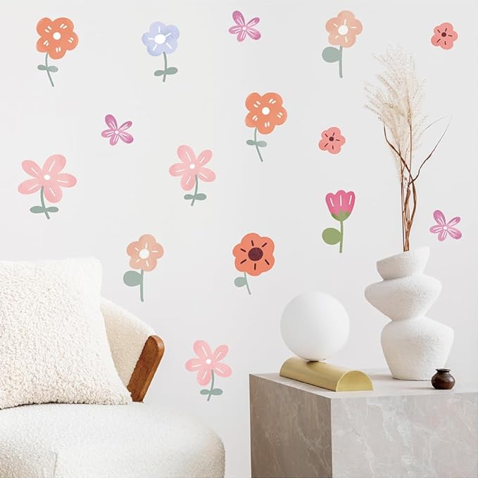 90PCS Pastel Floral Wall Decals – 10 Sheets Peel & Stick Vinyl Wall Stickers (Sizes 2.2"-4.5"), Pastel Removable Boho Aesthetic Flower Wall Art for Nursery, Kids Girls Bedroom, Dorm & Home Decor