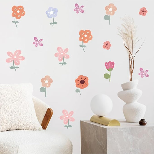 90PCS Pastel Floral Wall Decals – 10 Sheets Peel & Stick Vinyl Wall Stickers (Sizes 2.2"-4.5"), Pastel Removable Boho Aesthetic Flower Wall Art for Nursery, Kids Girls Bedroom, Dorm & Home Decor