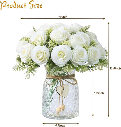 Fake Flowers in Vase,Fake Flowers with Vase 18 Pcs Faux Rose Flowers,Artificial Flowers for Home Decor, Indoor Centerpiece for Living Room & Dining Table (White)