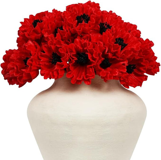 Melorca&Guilla Artificial Flowers,24Pcs 13.5inch Red Poppy Fake Flowers,Real Touch Faux Flowers, Spring Décor Fake Silk Flowers for Wedding Kitchen Shop Office Home Décor (24, Red Cornpoppy)