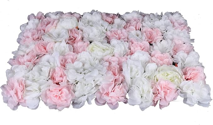 12Pcs 15.75" x 23.62x 0.79 Artificial Flower Wall Panels,Flower Wall Mat Silk Flower Panels for Outdoor Garden Backyard Fence Fence Privacy Screen and Indoor Wall Decor(12Pcs White+Light Pink)