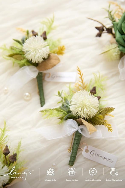 Ling's Moment Boutonniere for Men, 6pcs Groom Groomsmen Boutonniere, Artificial Flowers for Wedding Decor/Prom/Homecoming, etc.Emerald Green Beige