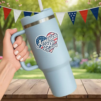 HANDICHI Design 5-Pack 3 Inch America 250th Birthday Stickers – Patriotic Heart-Shaped USA Flag Vinyl Decals – Waterproof 1776–2026 Independence Day Stickers for USA 250th Anniversary Celebration