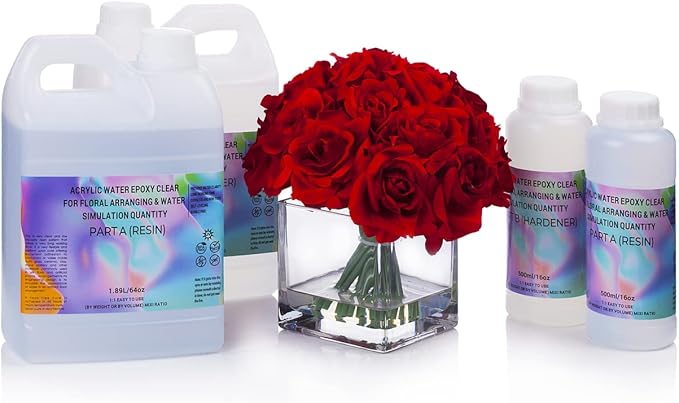 Enova Floral Craft Water and Simulated Fake Water Flower Cast Crystal Epoxy Resin A/B Creates Clear Acrylic Water Simulation for Flower Arrangements (128OZ)