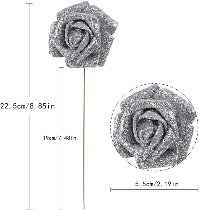 IPOPU Silver Roses Artificial Flowers,25PCS Foam Glitter Roses Glitter Flowers Fake Rose with Stems for DIY Wedding Bridal Bouquet Home Party Christmas Decoration(Silver)