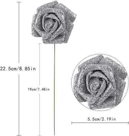 IPOPU Silver Roses Artificial Flowers,25PCS Foam Glitter Roses Glitter Flowers Fake Rose with Stems for DIY Wedding Bridal Bouquet Home Party Christmas Decoration(Silver)