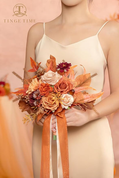 TINGE TIME 7 Inch Wedding Bouquets for Bridesmaid, Set of 4, Artificial Flowers Cascading Bridal Bouquet for Fall Wedding Ceremony Anniversary Bridal Shower and Rustic Vintage Wedding (Maple Red)