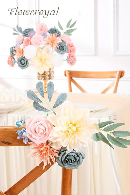 Floweroyal Artificial Flowers Combo Blue Flowers Mix Silk Flowers Dahlia Roses with Stems for DIY Wedding Bridal Bouquets, Baby Shower, Floral Arrangement, Table Centerpieces, Home Decorations.