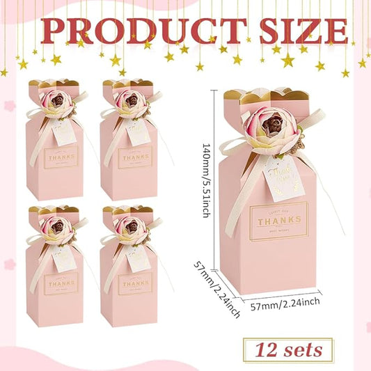 MAYJOYDIY 12 Pack 3D Flower Candy Boxes with Ribbons 2.24x2.24x5.51 Inch Pink Gift Favor Boxes Paper Candy Storage Containers for Wedding Shower Anniversary Birthday Party Celebration