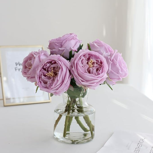 Fake Austin Rose Peonies Flowers with Vase, Clear Glass Vase with Purple Real Touch Peonies Artificial Flowers,Faux Flower Arrangements for Dining Table Centerpiece Decor