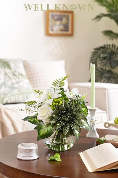 Artificial Flowers in Vase with Fake Water, Silk Rose Dahlia Lily Flowers Bouquet with Glass Vase for Home Birthday Party Wedding Dinning Table Office Hotel Decor Gift (Green & White Mixed)