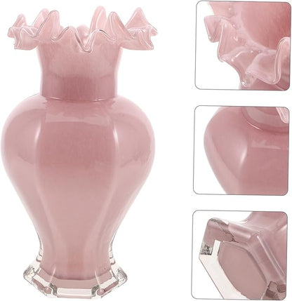 Pearlescent Pink Handblown Glass Vase with Artistic Curved Rim Unique Decorative Flower Display for Home Decor Living Centerpiece Wedding Table Accent