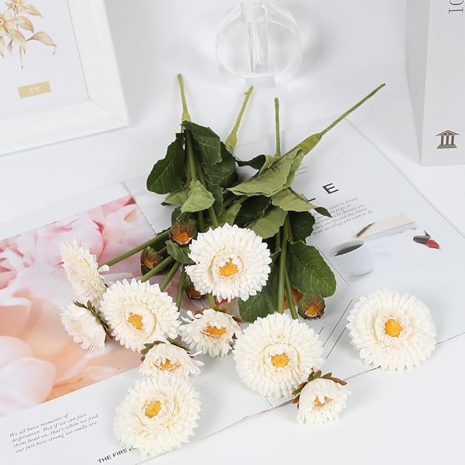 White Artificial Daisy Flowers 8pcs Faux Calendulas Flowers Silk Chrysanthemums with Stems for Floral Arrangements Home Wedding Dining Table Party Decoration(White)