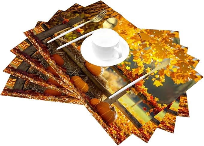 PVC Placemats Set of 6 Wipeable Table Mats Washable Heat Resistant Non Slip Vinyl Dining Table Mat for Kitchen Indoor Outdoor Patio Farmhouse Place Mats Autumn Pumpkin Maple Decorative