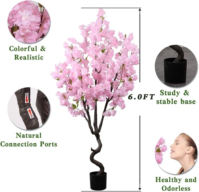 Artificial Cherry Blossom Tree Faux Flowering Tree Pink Decor Indoor for Home Room Decor Gift Christmas