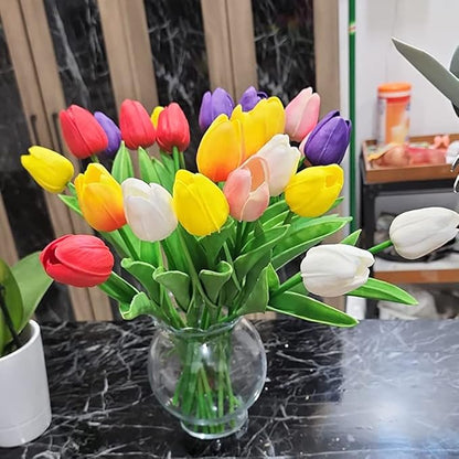 24pcs Multicolor Artificial Tulips Flowers Fake Faux PU Tulip Bouquet Real Touch Flower Arrangement for Home Decoration Excellent Gift Idea for Mothers Day（Multi）