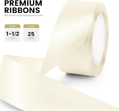 1-1/2" x 25 Yards Satin Ribbon, Ivory Silk Ribbon Ideal for Gift Wrapping, Floral Bouquets, Crafts, Wedding Party Decorations, Christmas and Sewing Projects