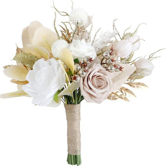 S_SSOY Wedding Bouquet Bride,Bride Bridal Bouquet Bridesmaid Artificial Flowers for Ceremony Anniversary Party Bridal Shower Decoration Wedding Bouquets (Beige)