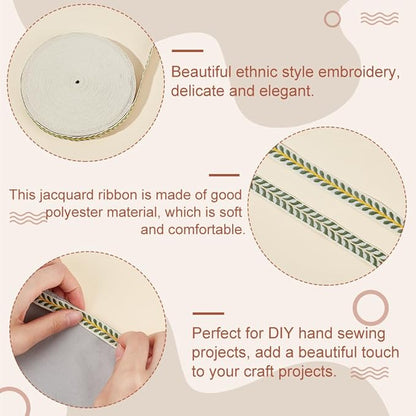 OLYCRAFT 20 Yards/18.3M Modern Sea Green Leaf Striped Jacquard Polyester Ribbon Trim for DIY Sewing Crafts, Home Decor, Clothing Decoration