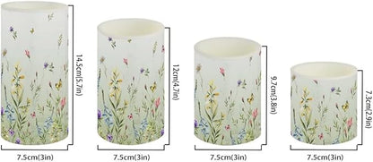 LED Flickering Candles Battery Operated Candles Set of 4 with Remote Control Timer Dancing Flame Pillar Candles Home Table Decoration, Floral Green