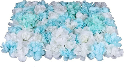 12PCS Flower Wall Panels, 3D Silk Floral Wall Backdrop, Realistic Blue Rose Hydrangea Flower Backplanes, Roll Up Fake Flower Background for Valentines Wedding Party Home Decoration